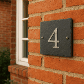 Skifferskilt med husnummer 4 lavet af skifer, monteret på rød murstensvæg til bolig eller erhverv.
